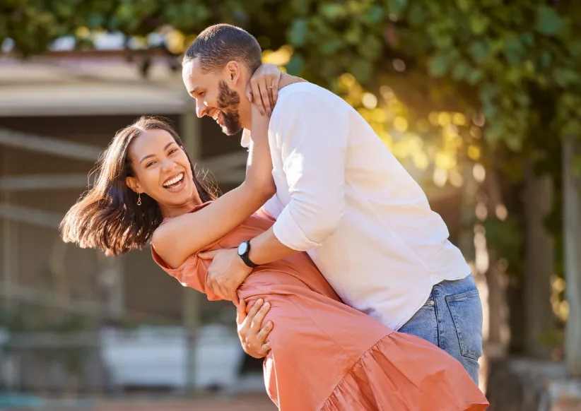 happy couple dance and love in park garden and s utc